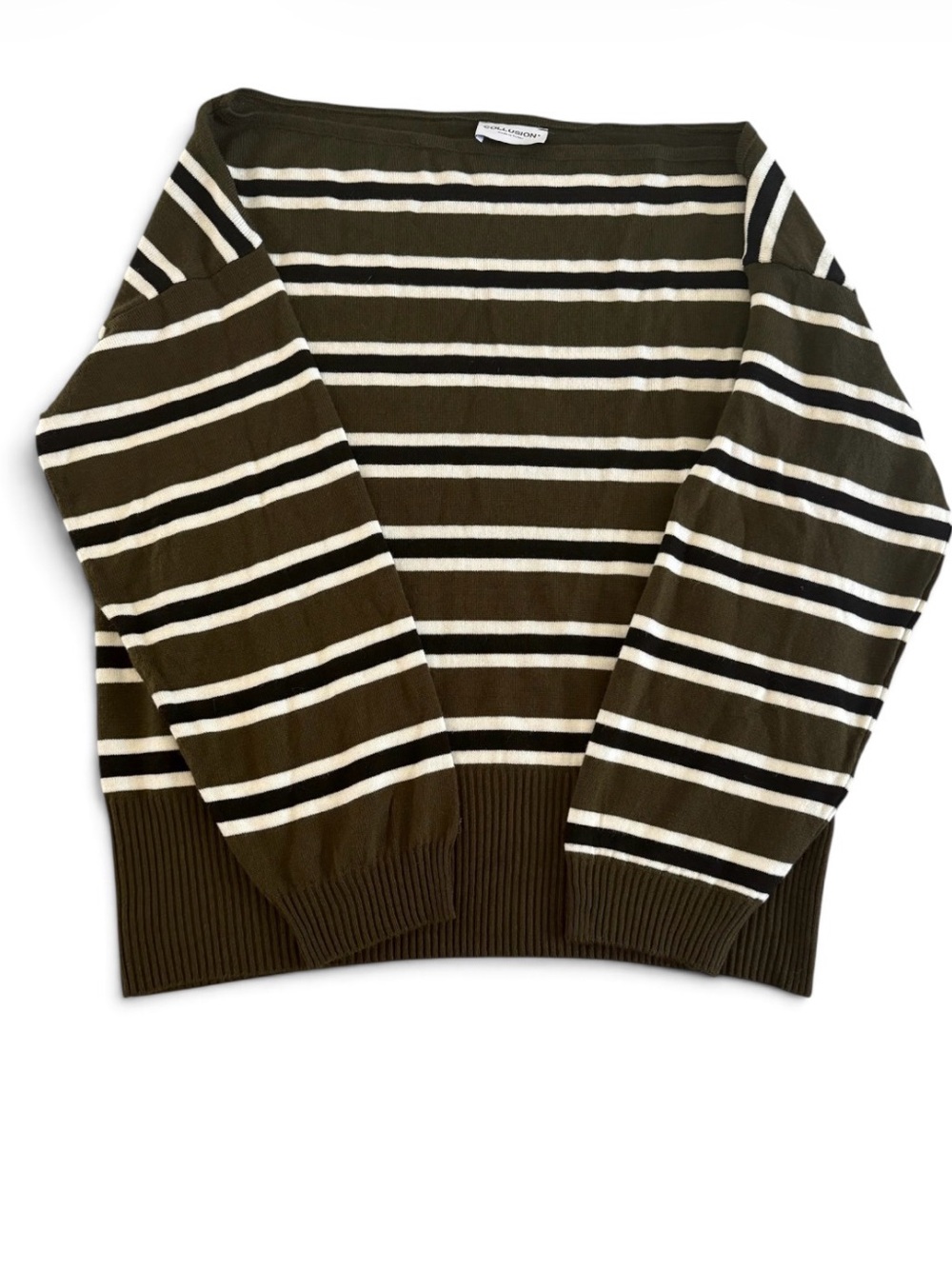 COLLUSION ASOS Olive Green Black Cream Striped Knit Sweater Oversized Unisex SzL